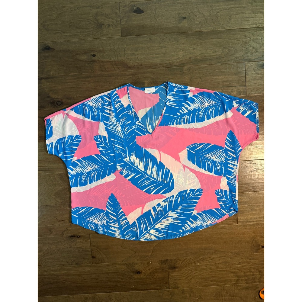 Adrienne Women‎ Blue Pink Tropical Palm Leaf V-Neck Dolman Blouse Large 1808TP